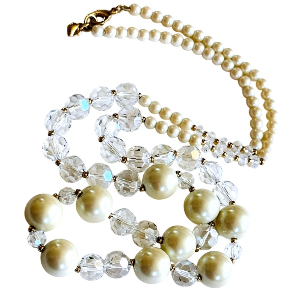 VTG Carolee Signed Necklace Pearl Aurora Borealis Crystal Beads Luxury 90s 32"